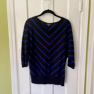 Dolman sleeve v-neck sweater. Black with cobalt blue stripes, size M.